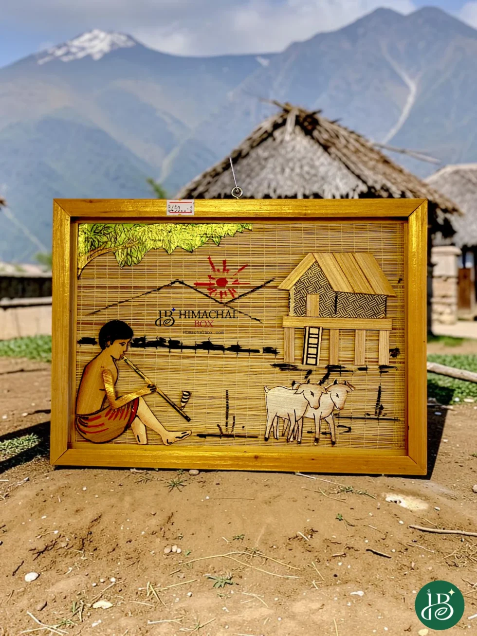 Handcrafted bamboo wall art showing Himachal village life made by women artisans