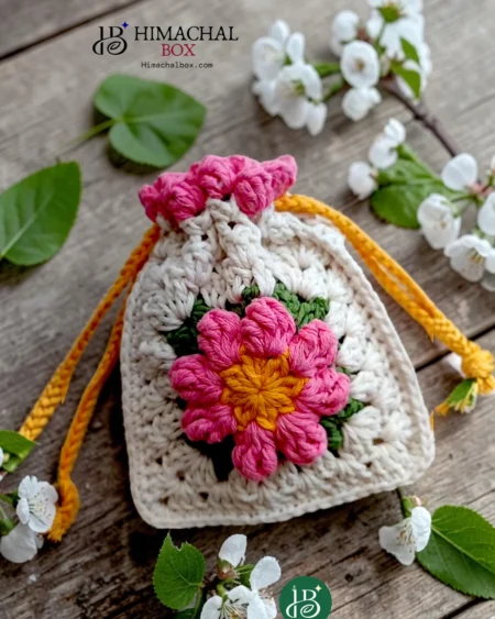 handmade crochet floral potli bag drawstring pouch