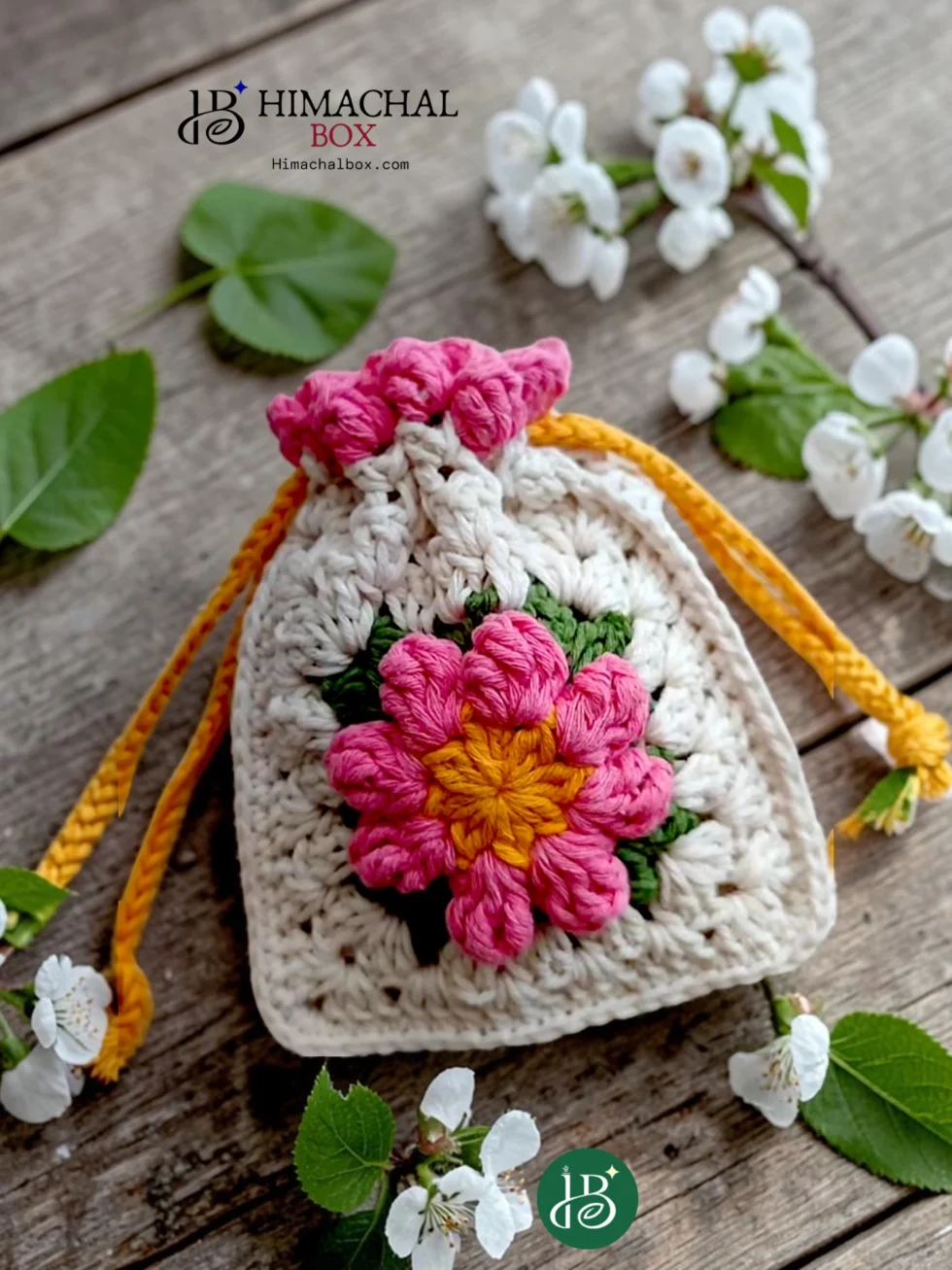 handmade crochet floral potli bag drawstring pouch