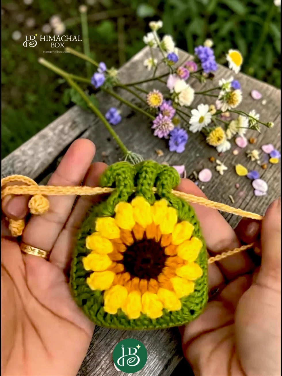handmade crochet floral potli bag drawstring pouch