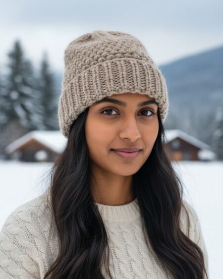 Grey Angora Rabbit Wool Long Beanie – Foldable Hand Knitted Winter Cap
