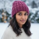 Dark Pink Angora Rabbit Wool Long Beanie – Foldable Hand Knitted Winter Cap