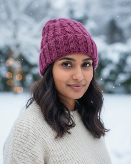 Dark Pink Angora Rabbit Wool Long Beanie – Foldable Hand Knitted Winter Cap