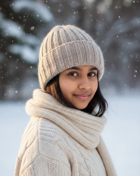 Light Grey Angora Rabbit Wool Long Beanie – Foldable Hand Knitted Winter Cap
