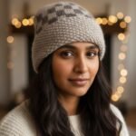 Light Grey Checked Angora Rabbit Wool Long Beanie – Foldable Hand Knitted Cap
