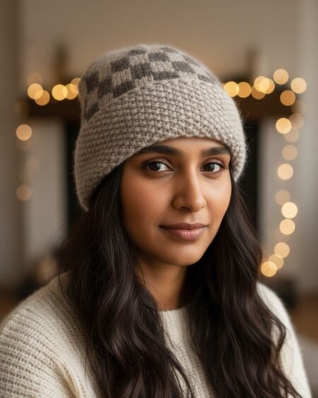 Light Grey Checked Angora Rabbit Wool Long Beanie – Foldable Hand Knitted Cap