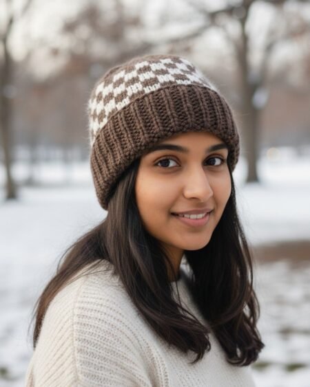 Brown Angora Rabbit Wool Long Beanie – Foldable Hand Knitted Winter Cap