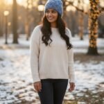 Light Blue Angora Rabbit Wool Long Beanie – Foldable Hand Knitted Winter Cap