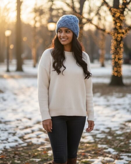 Light Blue Angora Rabbit Wool Long Beanie – Foldable Hand Knitted Winter Cap