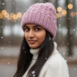 Light Pink Angora Rabbit Wool Long Beanie – Foldable Hand Knitted Winter Cap