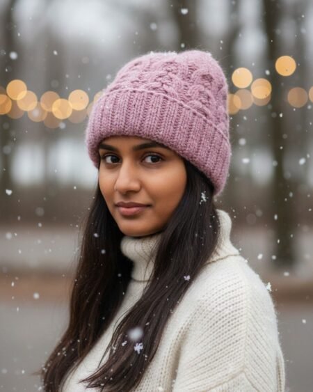 Light Pink Angora Rabbit Wool Long Beanie – Foldable Hand Knitted Winter Cap