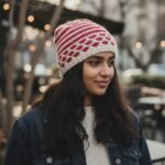 Red White Checked Angora Rabbit Wool Long Beanie – Ear Covering Foldable Cap