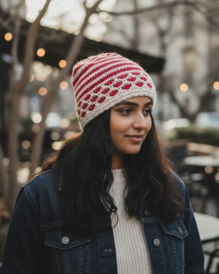 Red White Checked Angora Rabbit Wool Long Beanie – Ear Covering Foldable Cap