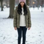 White Pink Checked Angora Rabbit Wool Long Beanie – Foldable Hand Knitted Cap