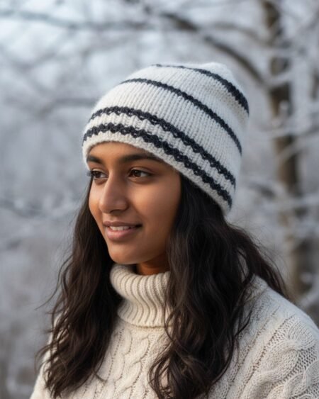 White Angora Rabbit Wool Long Beanie – Ear Covering Foldable Hand Knitted Cap