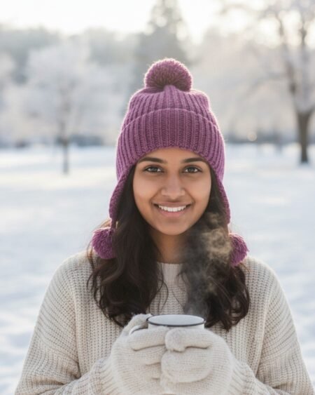 Pink Merino Wool Long Beanie – Hand Knitted Foldable Winter Cap